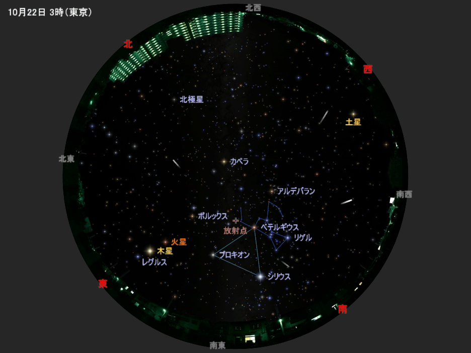 10月22日3時ごろの空とオリオン座流星群の放射点