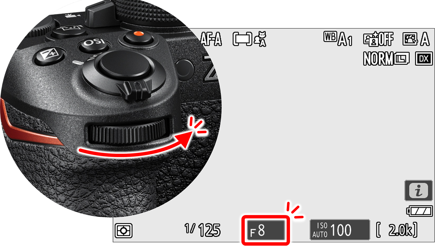 カメラ側イメージ図 「F値」を一番小さく