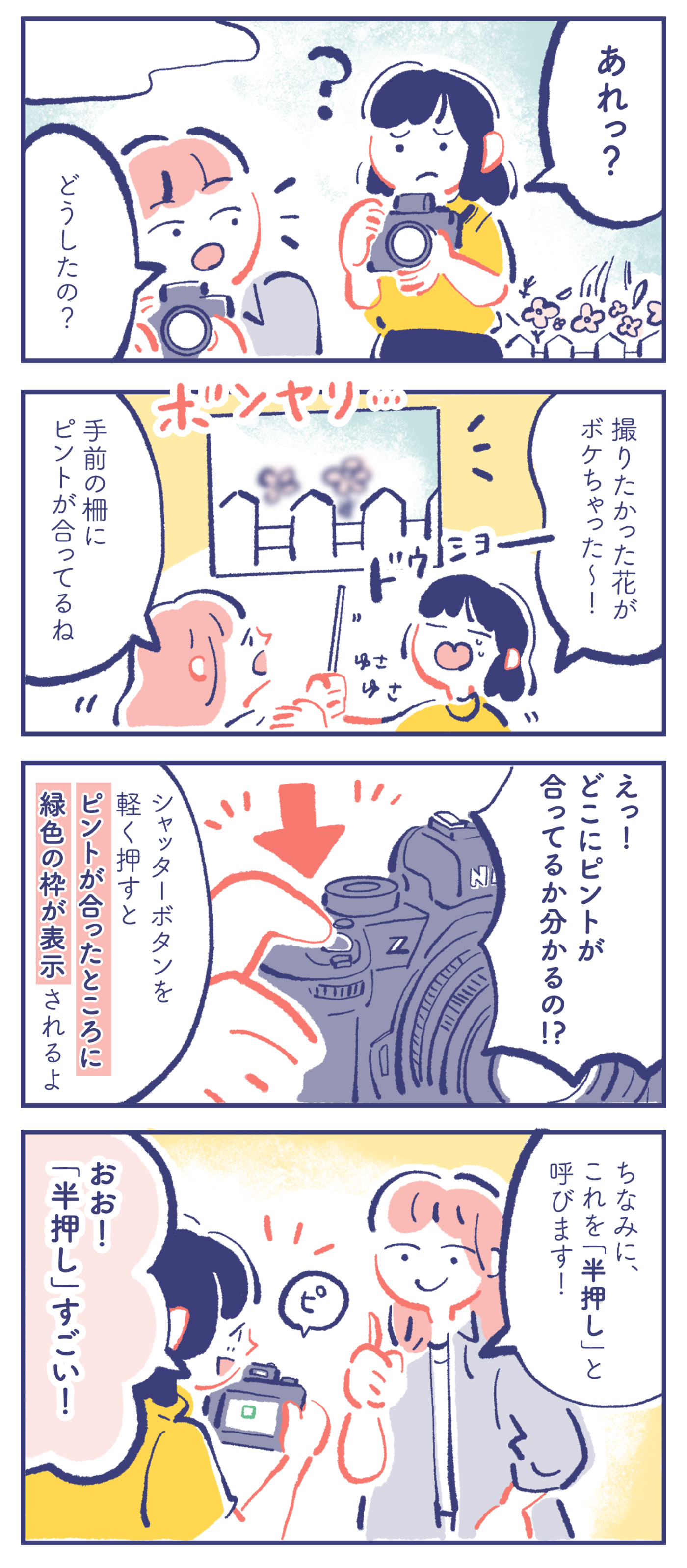 カレン「あれっ?」ミカ「どうしたの?」 カレン「撮りたかった花がボケちゃった〜!」ミカ「手前の柵にピントが合ってるね」 ミカ「シャッターボタンを軽く押すと、ピントが合ったところに緑色の枠が表示されるよ」カレン「えっ!どこにピントが合ってるか分かるの!?」 ミカ「ちなみに、これを「半押し」と呼びます!」カレン「おお!「半押し」すごい!」
