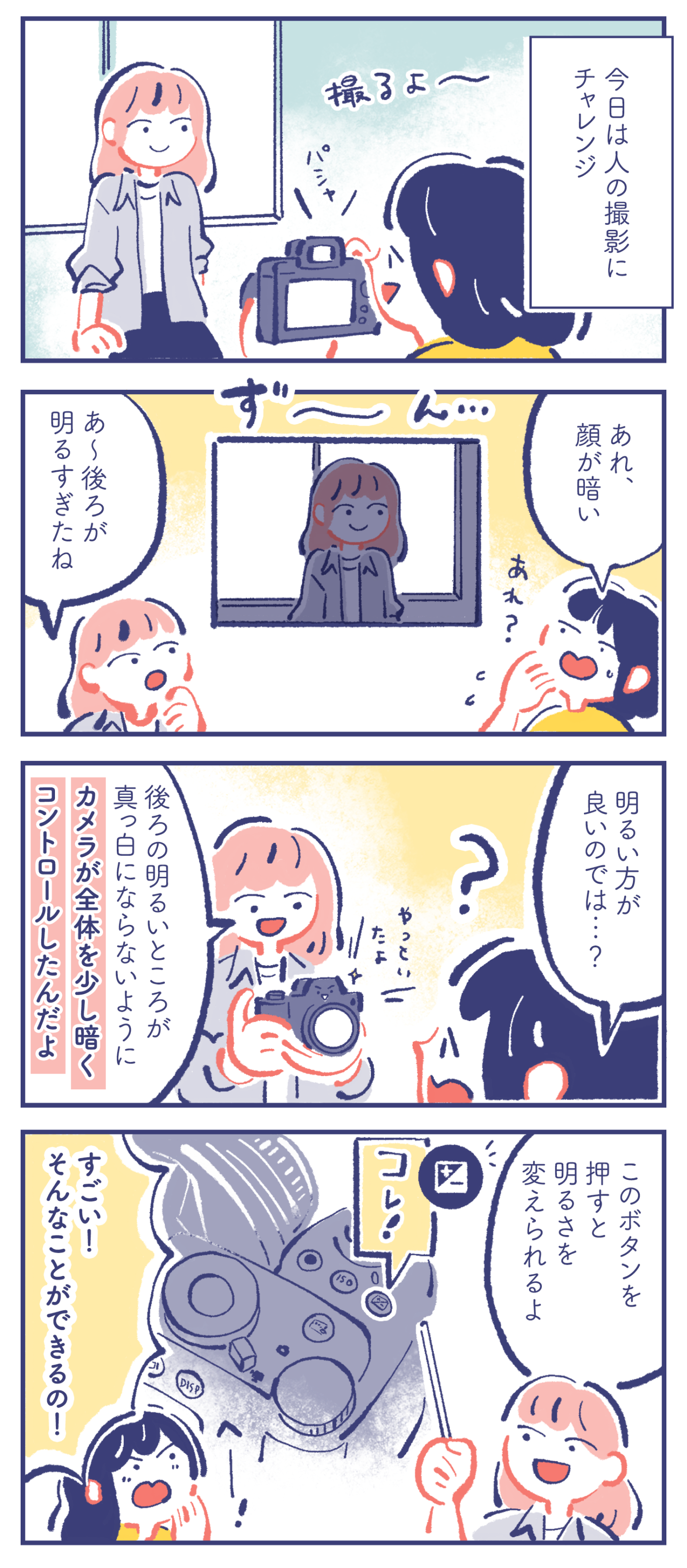 今日は人の撮影にチャレンジ カレン「あれ、顔が暗い…」 ミカ「あ〜後ろが明るすぎたね」 カレン「明るいほうが良いのでは...?」 ミカ「後ろの明るいところが真っ白にならないようにカメラが全体を少し暗くコントロールしたんだよ」「このボタンを押すと明るさを変えられるよ」 カレン「すごい! そんなことができるの!」