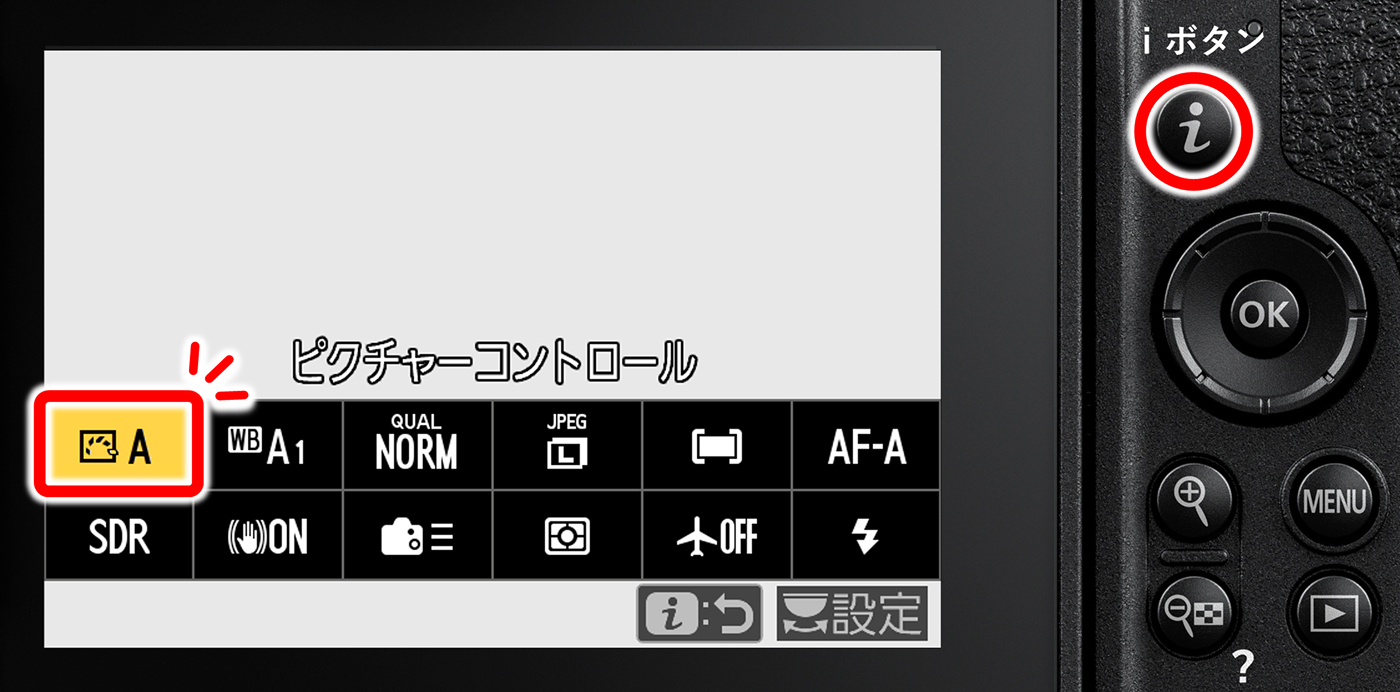 カメライメージ図 iボタンで呼び出すメニュー画面内の「ピクチャーコントロール」の位置