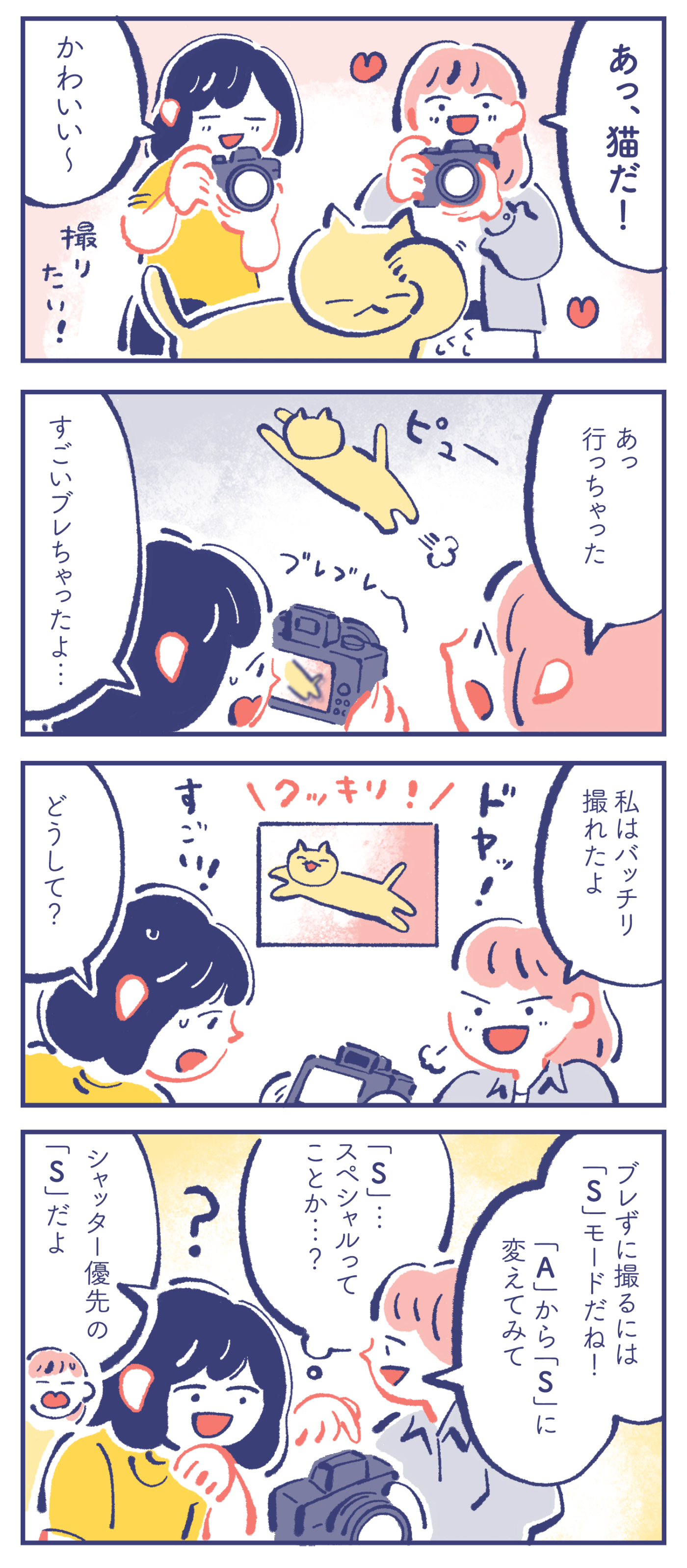 ミカ「あっ、猫だ!」 カレン「かわいい〜 撮りたい!」 (ピューと駆け出しどこかへ去る猫) ミカ「あっ 行っちゃった」 カレン「すごいブレちゃったよ...」 ミカ「私はバッチリ撮れたよ(ドヤッ!)」 カレン「すごい! どうして?」 ミカ「ブレずに撮るには『S』モードだね! 『A』から『S』に変えてみて」 カレン「『S』... スペシャルってことか...?」 カレン「シャッター優先の『S』だよ」