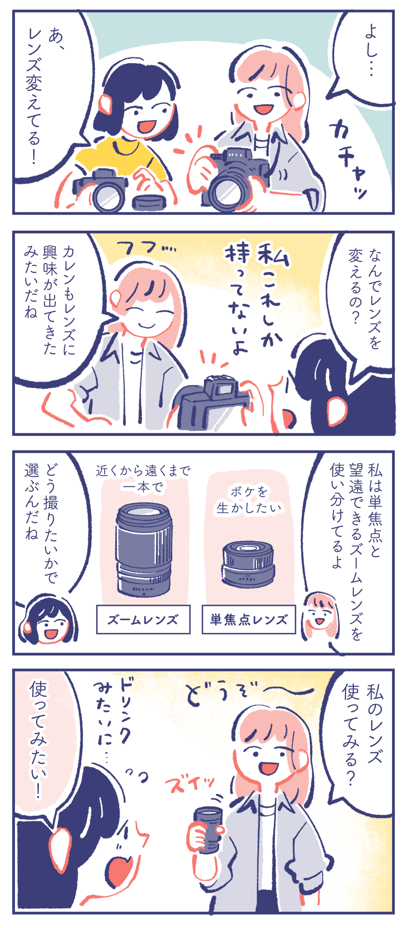 ミカ「よし…」カレン「あ、レンズ変えてる!」 カレン「なんでレンズを変えるの?」「私これしか持ってないよ」ミカ「カレンもレンズに興味が出てきたみたいだね」 ミカ「私は単焦点と望遠できるズームレンズを使い分けてるよ」カレン「どう撮りたいかで選ぶんだね」 ミカ「私のレンズ使ってみる?」カレン「使ってみたい!」
