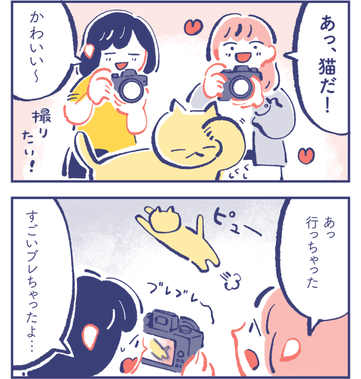 ミカ「あっ、猫だ！」　カレン「かわいい〜 撮りたい！」　（ピューと駆け出しどこかへ去る猫）　ミカ「あっ 行っちゃった」　カレン「すごいブレちゃったよ...」