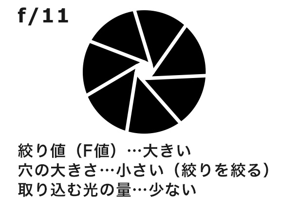 f/11 絞り値（F値）…大きい
穴の大きさ…小さい
（絞りを絞る）
取り込む光の量…少ない