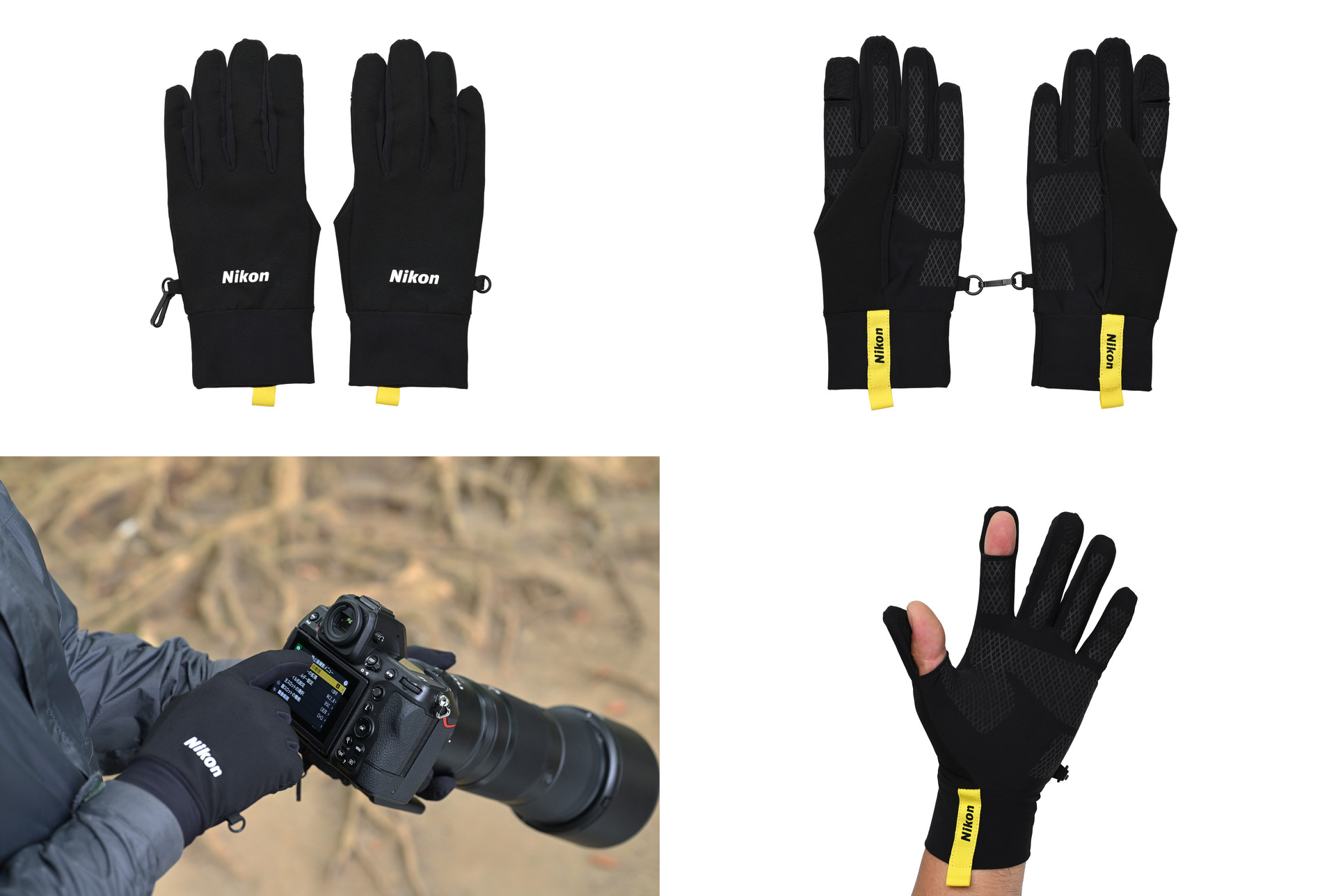 フォトグラファーズインナーグローブ NPG004の手の甲側と手のひら側、グローブを着けてカメラを操作する様子、親指と人差し指の指先を出した状態