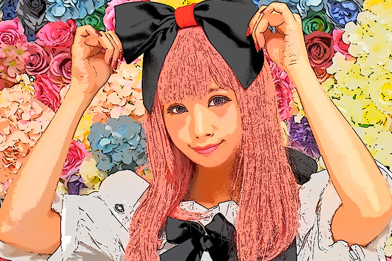 カメラ内蔵の画像加工機能「フォトイラスト」で加工した、イラストのような女性の写真。