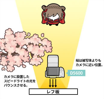 桜の造花で前ボケを作るための説明イラスト。詳細は本文内。