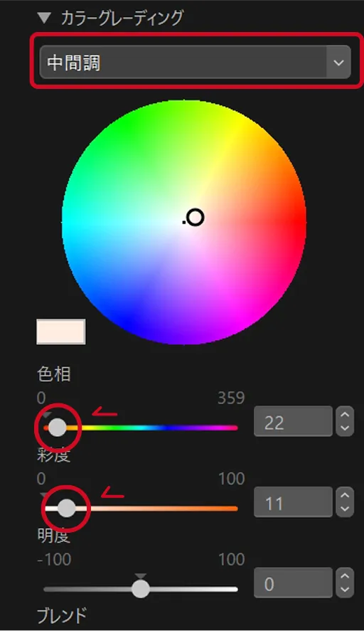 NX Studio 画面: カラーグレーディング - 中間調