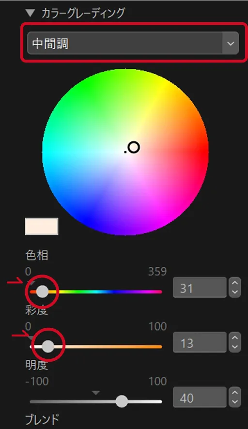 NX Studio 画面: カラーグレーディング - 中間調