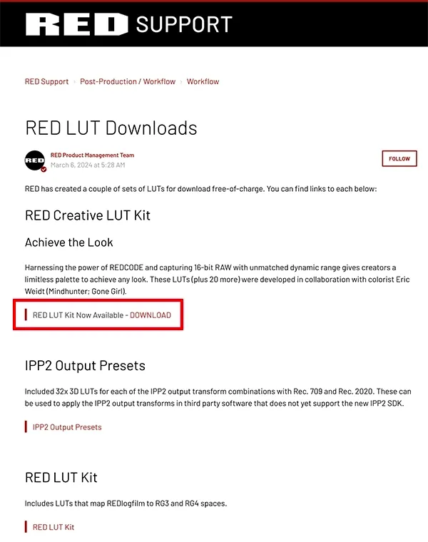 REDのクリエイティブLUTをダウンロード