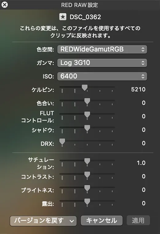 RED RAW設定画面