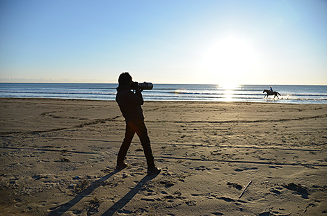 波打ち際を走る馬を撮る