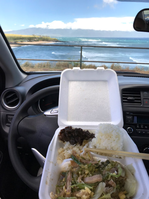 レンタカーを借りて自由に撮影して回る。ハワイでは、お弁当も手に入るのが嬉しい。