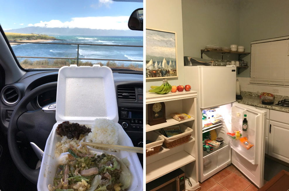 写真 右：レンタカーを借りて自由に撮影して回る。ハワイでは、お弁当も手に入るのが嬉しい。　写真 左：コンドミニアムの冷蔵庫。