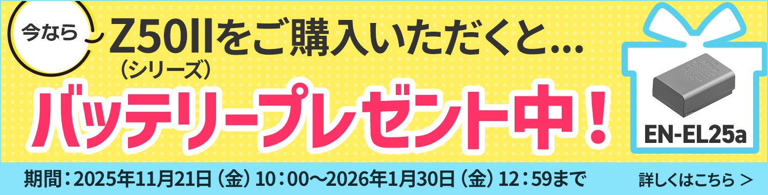 キャンペーン期間中に対象の「Z50IIシリーズ」をご購入いただいたお客様全員に、予備バッテリーとして活躍する「Li-ionリチャージャブルバッテリー EN-EL25a」を1個プレゼントいたします。