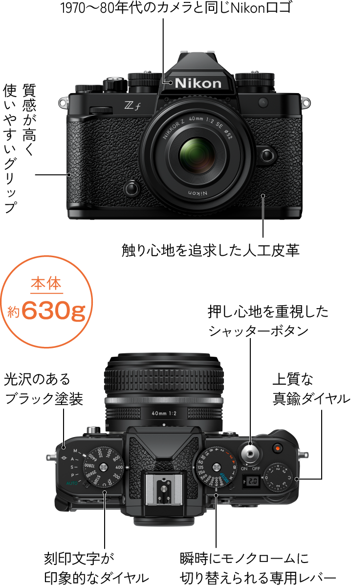 本体約630g, 1970~80年代のカメラと同じNikonロゴ, 質感が高く使いやすいグリップ, 触り心地を追求した人工皮革, 光沢のあるブラック塗装, 押し心地を重視したシャッターボタン, 上質な真鍮ダイヤル, 刻印文字が印象的なダイヤル, 瞬時にモノクロームに切り替えられる専用レバー
